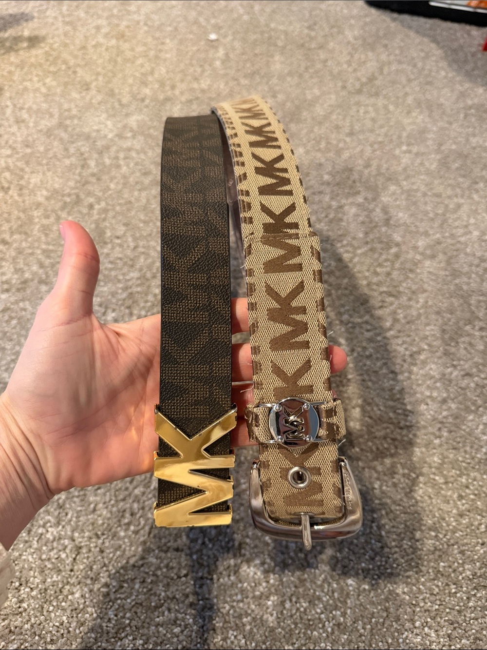 Michael Kors Reversible Logo Belt in Brown and Tan with Gold & Silver Hardware